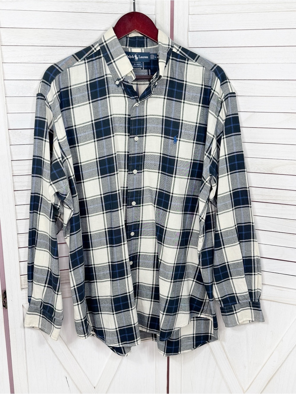 Vintage Ralph Lauren Blaire Plaid Button Down Shirt Cream Blue Mens Large
